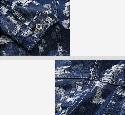 Chaqueta Denim Jacquard para Hombre Estilo Retro Japonés con Detalles Rotos - Image 9