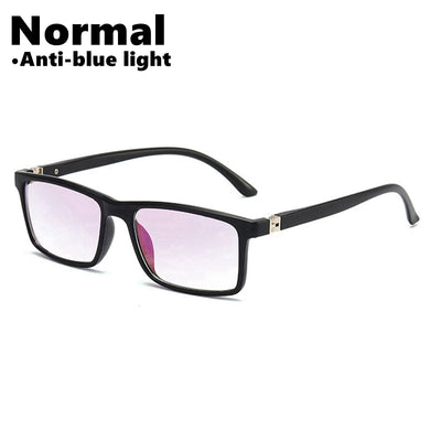 Black rectangular anti-blue light reading glasses with a subtle purple tint on the lenses, shown on a white background. - Image 5