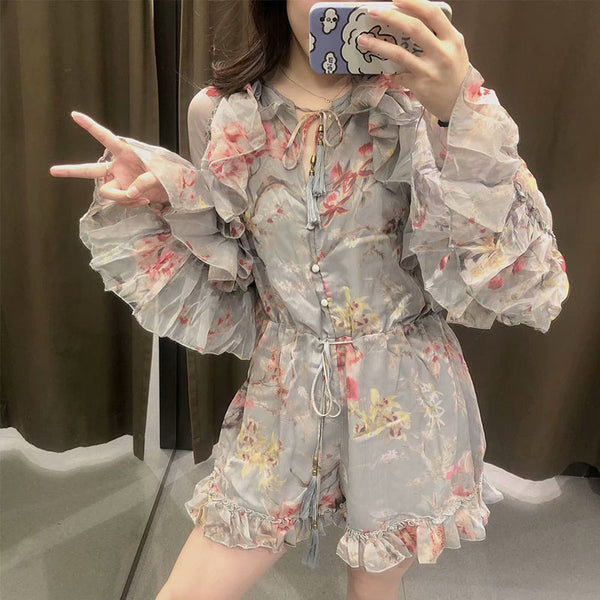 Jumpsuit Elegante de Encaje Floral con Manga Larga y Cintura Alta