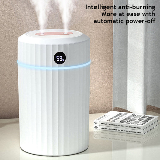 Pink cylindrical humidifier with ribbed texture, digital display showing 59%, and a light blue LED ring.
