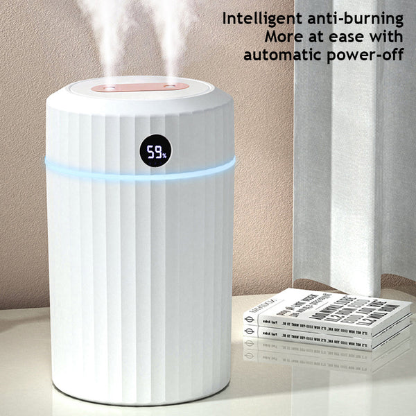 Pink cylindrical humidifier with ribbed texture, digital display showing 59%, and a light blue LED ring.