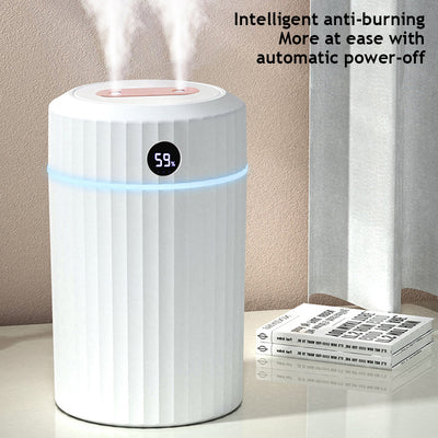 Pink cylindrical humidifier with ribbed texture, digital display showing 59%, and a light blue LED ring.