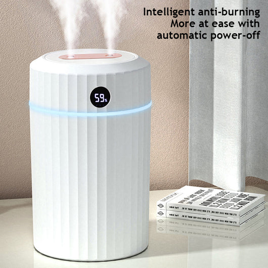 Pink cylindrical humidifier with ribbed texture, digital display showing 59%, and a light blue LED ring.