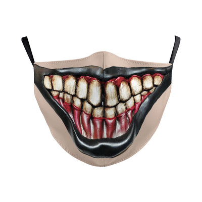 Beige double-layer dust mask with ear hooks, featuring a digital print of a wide, creepy smile with white teeth and red gums. - Image 14