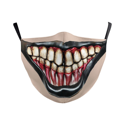 Beige double-layer dust mask with ear hooks, featuring a digital print of a wide, creepy smile with white teeth and red gums. - Image 14