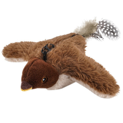 Electric simulation bird cat toy with black and white speckled plush body, olive green head, and feathered tail. Includes a black sling for hanging and USB char - Image 4