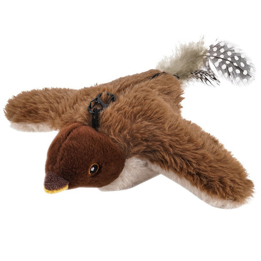 Electric simulation bird cat toy with black and white speckled plush body, olive green head, and feathered tail. Includes a black sling for hanging and USB char - Image 4