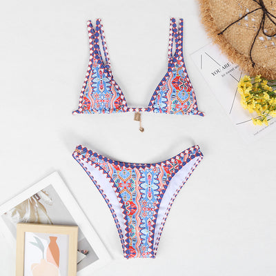 Retro 4-color printed women's bikini with red, blue, and white paisley pattern, featuring a triangle top and high-cut bottom. - Image 9