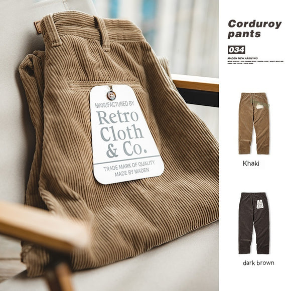 Pantalones Corduroy Khaki Retro Holgados de Cintura Media