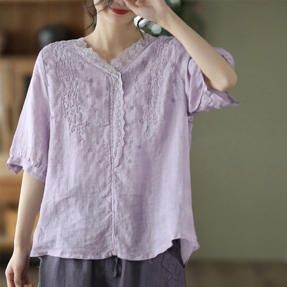 Blusa de Lino Ramio con Cuello en V y Encaje Bordado para Mujer