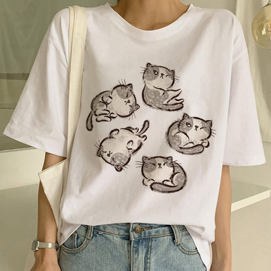 Playera Pareja a Juego con Estampado Divertido de Gatos - Unisex Manga Corta Tendencia - Image 10