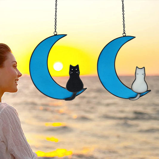 Adorno Colgante Gato Blanco y Negro Luna - Vidriera Decorativa