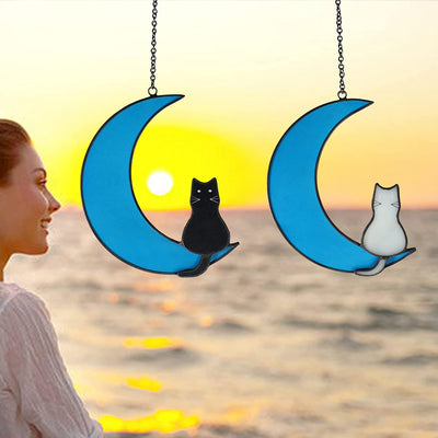 Adorno Colgante Gato Blanco y Negro Luna - Vidriera Decorativa