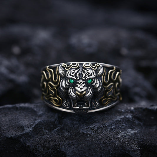 Anillo Ajustable Cabeza de Tigre en Plata 925 Estilo Retro