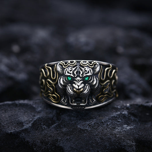 Anillo Ajustable Cabeza de Tigre en Plata 925 Estilo Retro