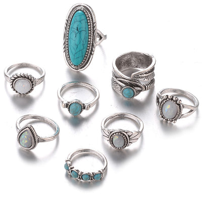 Anillo de Ocho Piezas con Gema y Hoja Geométrica - Image 9
