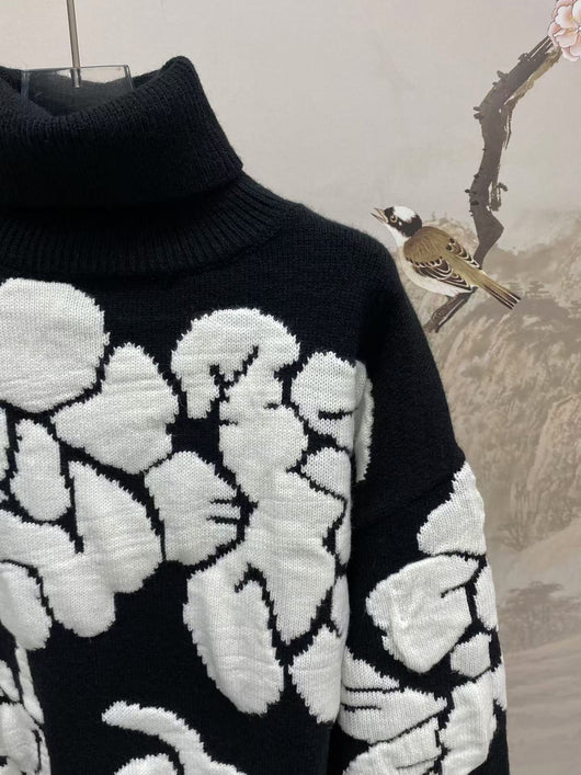Suéter Retro de Punto Holgado con Cuello Alto y Flores Tridimensionales - Image 10