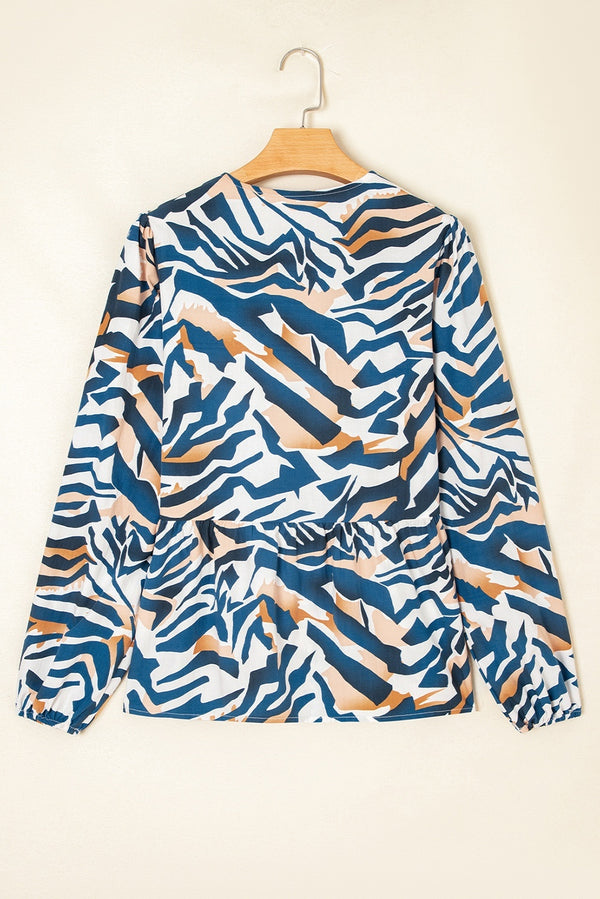 Blusa de Rayas Zebra Azul con Mangas Abullonadas