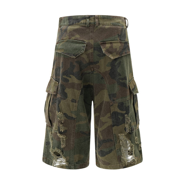 Shorts Punk Holgados con Múltiples Bolsillos y Detalles Rotos