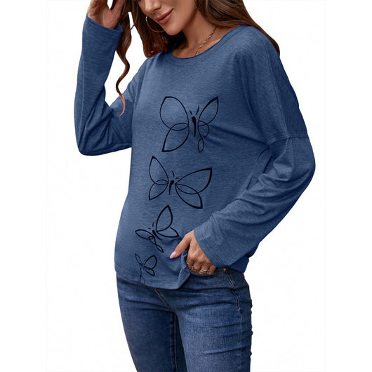 Blusa Suelta de Cuello Redondo Manga Larga con Estampado para Mujer - Image 4