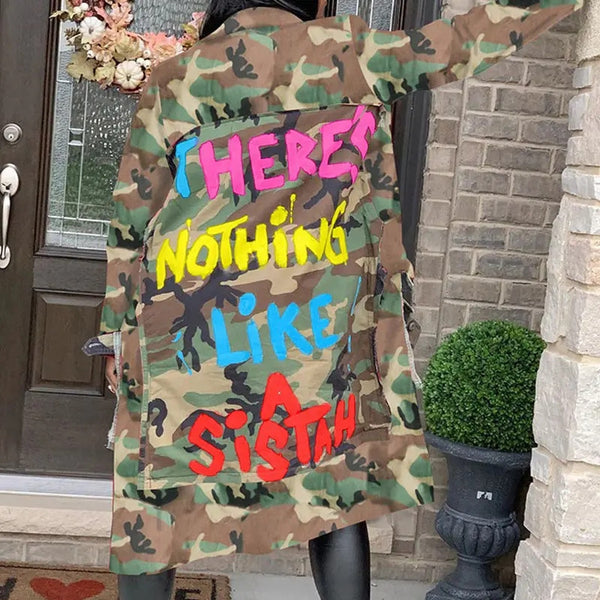 Abrigo Casual con Estampado Camuflaje y Parches - Estilo Europeo y Americano para Mujer