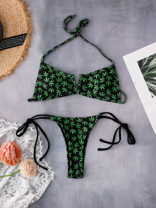 Bikini Estampado Hojas con Aro y Fruncidos Sexy - Image 6