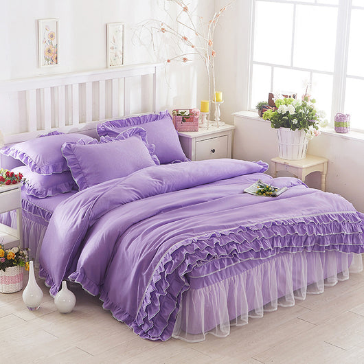 Juego de Cama Princesa con Encaje - Cubrecama Estilo Falda de Cama Cuatro Piezas Color Sólido - Image 4