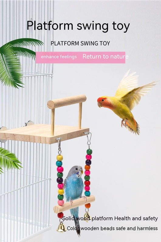 Wooden bird perch and swing set with colorful beads and bells, showing dimensions of 14cm x 12cm platform and 17cm swing height. - Image 7
