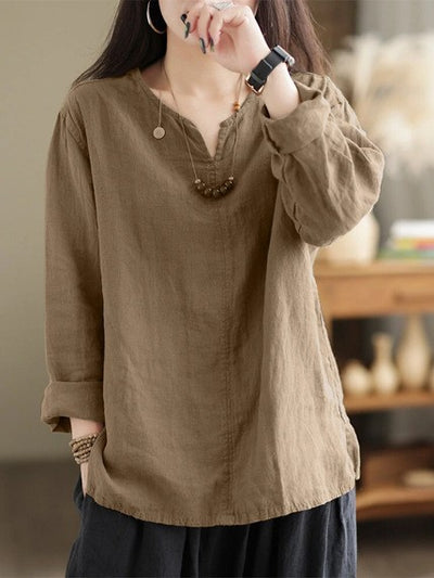 Blusa Suelta Retro Casual de Manga Larga con Abertura para Mujer - Image 10