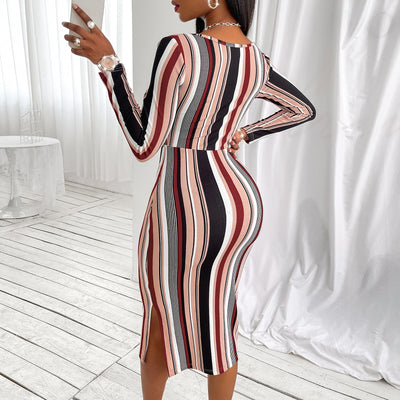 Vestido de Manga Larga a Rayas con Pecho Cruzado para Mujer - Image 2