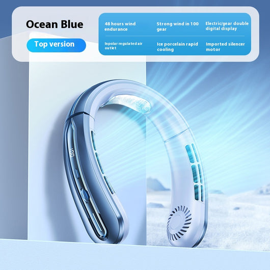 Ocean blue portable neck fan with digital display, showing 100 fan speed, designed for outdoor sports and personal cooling. - Image 10
