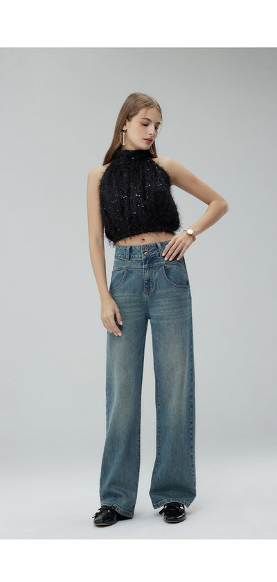 Pantalones Anchos Cintura Alta Estilo Retro con Detalles Rotos para Mujer - Image 24