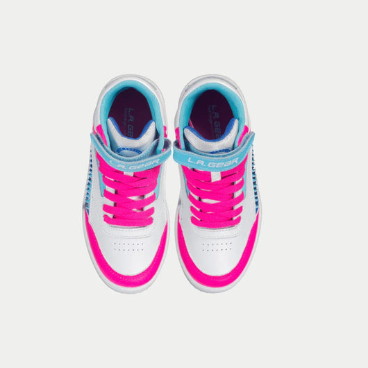 LA Gear Kids Flame High Top Sneaker | White, Pink & Blue