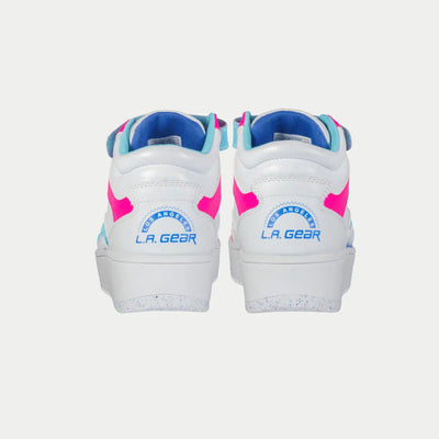 LA Gear Kids Flame High Top Sneaker | White, Pink & Blue