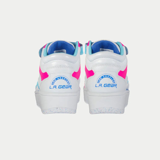 LA Gear Kids Flame High Top Sneaker | White, Pink & Blue