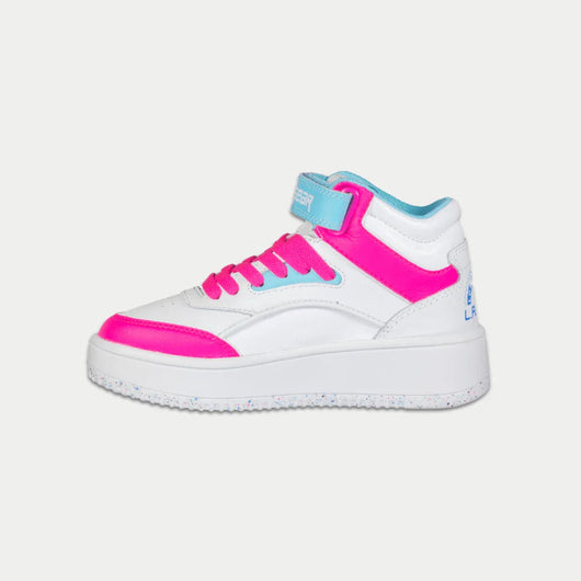 LA Gear Kids Flame High Top Sneaker | White, Pink & Blue