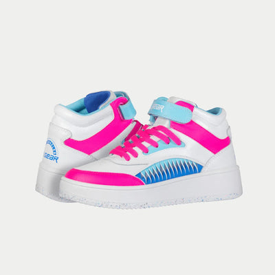LA Gear Kids Flame High Top Sneaker | White, Pink & Blue