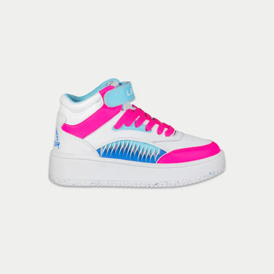 LA Gear Kids Flame High Top Sneaker | White, Pink & Blue