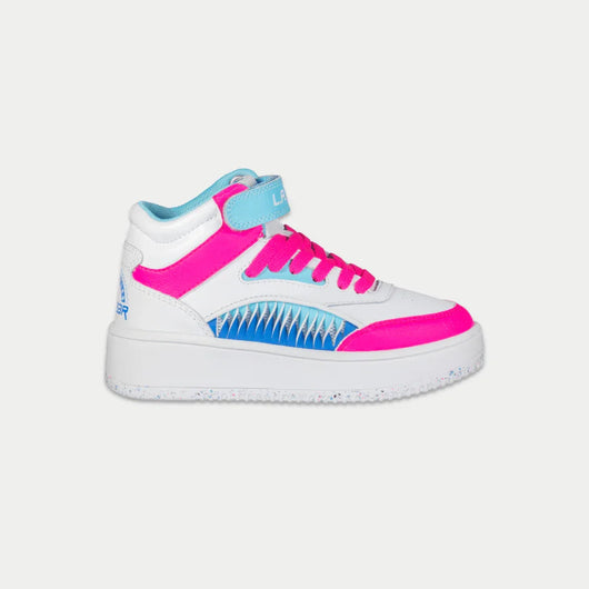 LA Gear Kids Flame High Top Sneaker | White, Pink & Blue