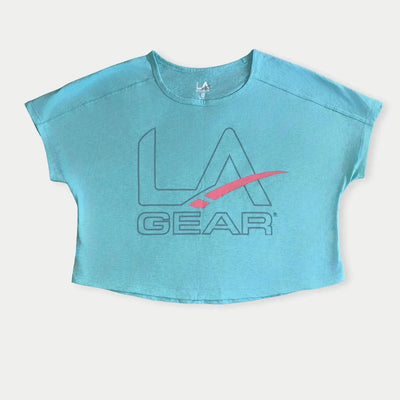 LA Gear Women's Cropped T-Shirt | Light Aqua with Slate and Pink Logo
