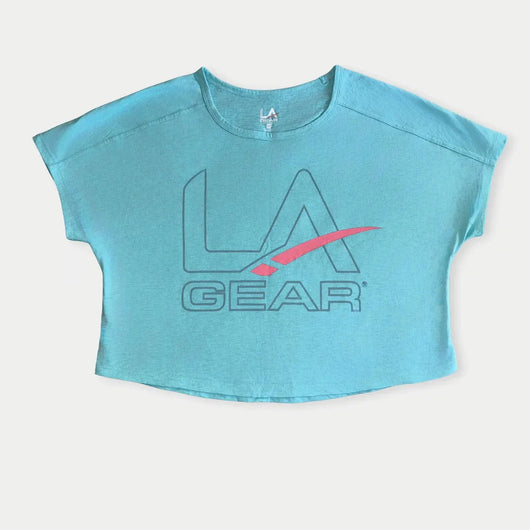 LA Gear Women's Cropped T-Shirt | Light Aqua with Slate and Pink Logo