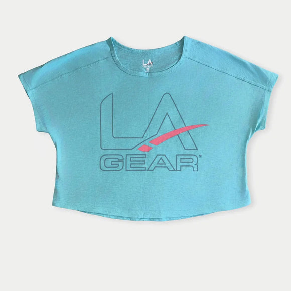 LA Gear Women's Cropped T-Shirt | Light Aqua with Slate and Pink Logo