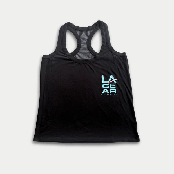 Tank Racerback LA Gear Feminina | Preto com Logo Aqua e Rosa