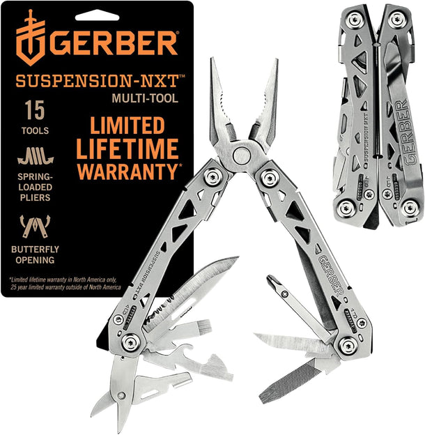 Gerber Gear SuspensionNXT 15in1 EDC Multi tool with Pocket Knife Needle Nose Pliers and Wire Stripper Tools Gifts for Men Survival and Camping Gear Stainless Steel