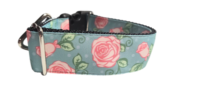 1.5" Wide Roses on Blue Nylon Dog Collar