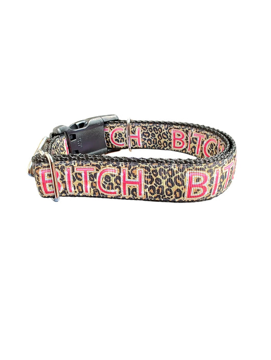 Bitch Leopard Print Nylon Dog Collar