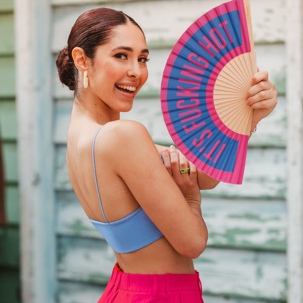 "It's fucking hot" Hand Fan Blue and Pink