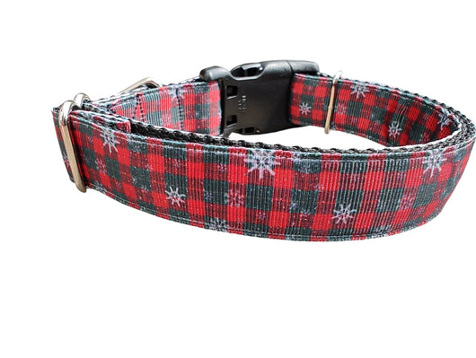 Coleira de Nylon para Cães com Estampa Xadrez de Natal e Flocos de Neve