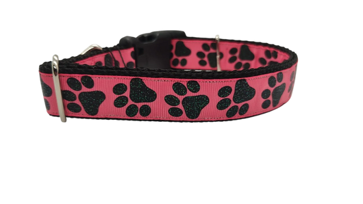 Black Glitter Paws On Pink Nylon Dog Collar